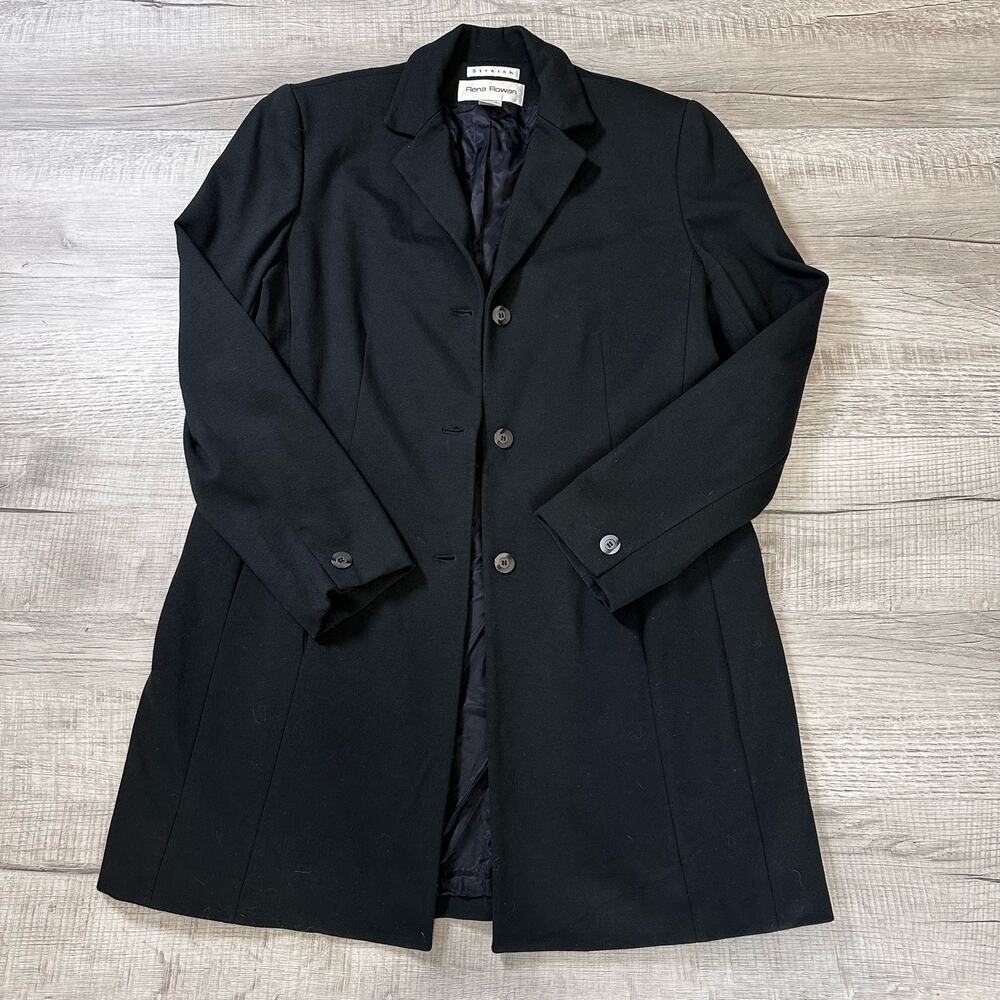 Rena Rowan Dress Coat Black VTG Stretch WMNS Sz 14 Button-Up Lined Collared Slit